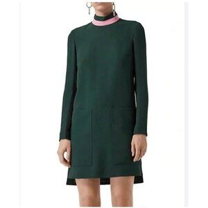 Burberry Dress Womens US 0 Dark Forest Green Zoya Pink Collar Long Sleeve Shift